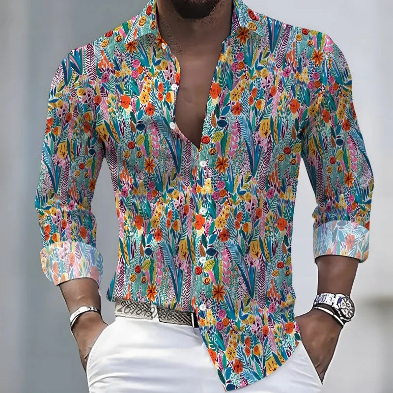 2026 New Hawaiian Style Coconut Tree Print Long-Sleeve Shirt, Stylish Print Men's Casual Vacation Loose Collar Hawaiian Shirt