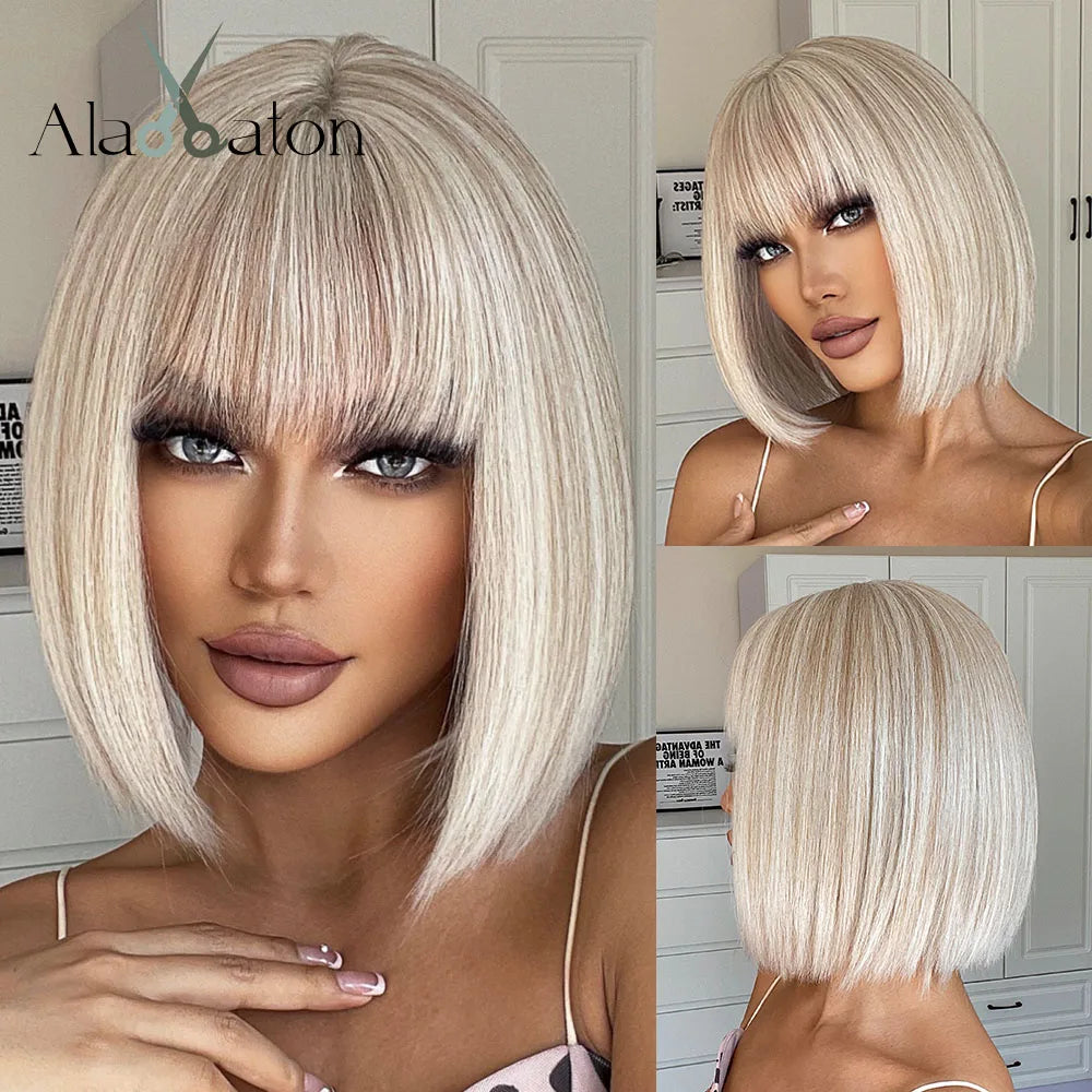 ALAN EATON Layered Synthetic Wigs with Bangs Straight Short Highlights Blonde Hair Wig with for Women Natural Daily Cosplay Wigs
