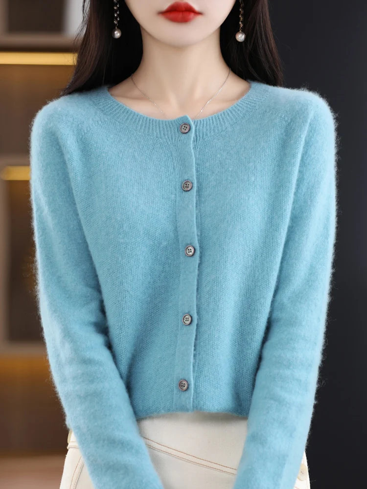 Long Sleeve 100% Merino Wool Sweaters Cashmere Cardigan Spring Autumn Women O-Neck Knitwear Tops Clothing Fashion Basic Tops