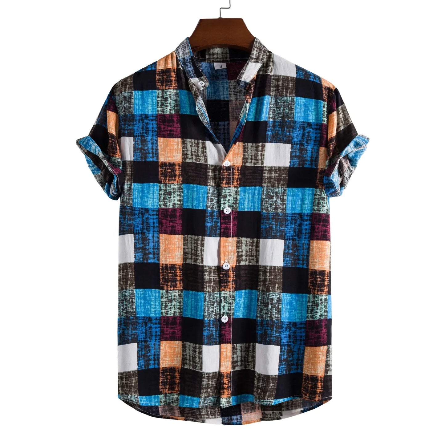 Men's Fashionable Short Sleeve Shirt 2021 New Style Plaid Print Stand Collar Casual Wear Made in China for Global Trade