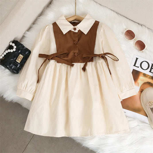 Spring Autumn Girls Dress Korean Fashion Dress for Girls Long Sleeve Casual Princess Bow Dress Children Vestidos Dress Clothing
