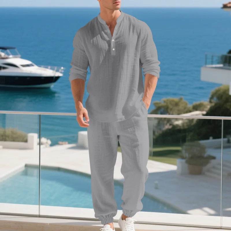 American loose linen set for men autumn Hawaiian home commuter thin Henry shirt long sleeve pants set