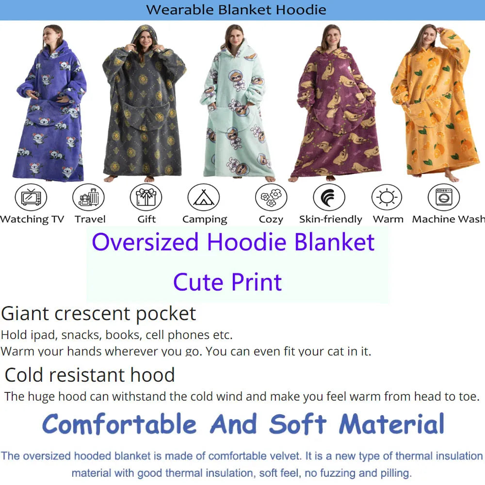 Super Long Oversized Winter Sherpa Blanket Plush Flannel Warm Family Matching Hoodie Christmas Homewear Avocado Women Sweatshirt