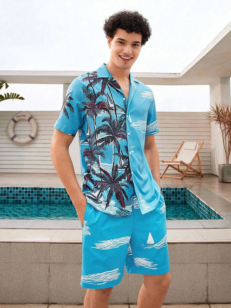 Hawaii Shirt Set Mens Yellow Duck Print Fashion Pattern Summer Fashion Casual Daily Large Button Down Shirt Shorts Two Piece Set