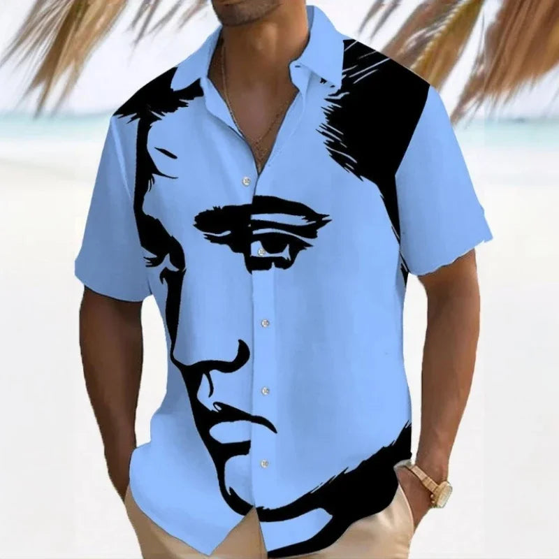 Simple Men's Shirt 3d Face Print Short Sleeve Shirts Beach Casual Clothing Loose Oversized Hawaiian Shirts for Men 2025 New Tops