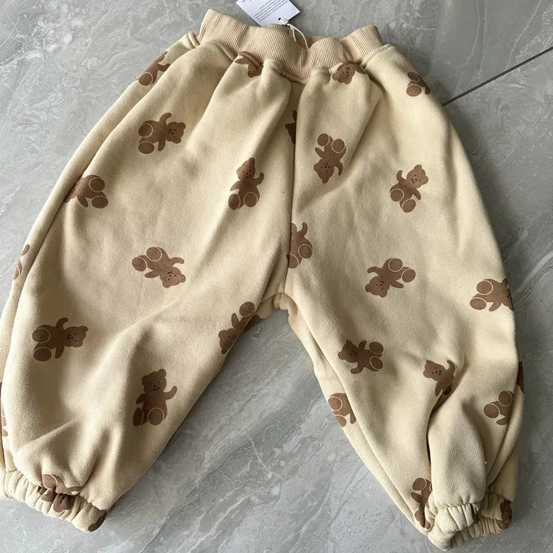Winter Boys and girls cartoon bears inner fleece sweatpants Children thicken warm loose Trousers