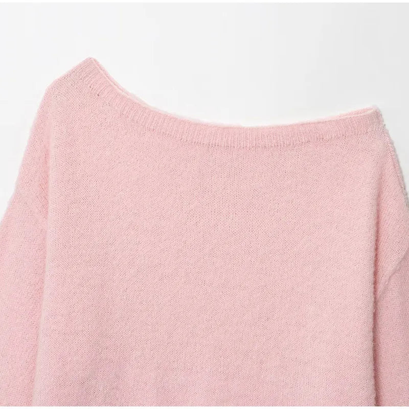 Women Solid Off Shoulder Pullover Fashion Classic Full Sleeve Loose Knitted Mohair Knitwear Lady High Street Autumn Sweaters