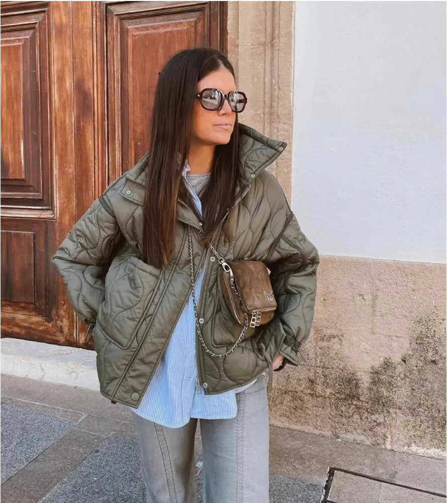 Quilted coat for women ETJ 2025 QUILTED JACKET WITH TIES new beige drawstring high neck pocket clip cotton jacket for women