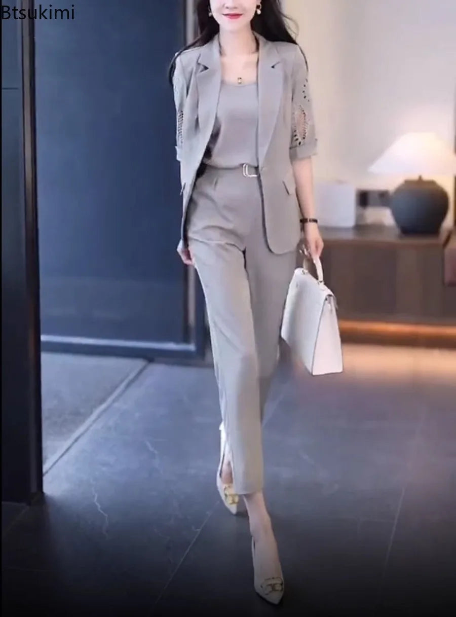 2026 Women's Three-piece Suit Sets Slim Fit Elegant Jacket+Vest+Pants Sets Solid OL Style Business Office Matching Sets Outfits