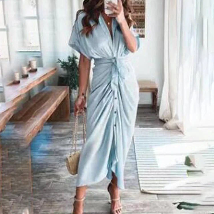 Sexy Irregular Long Dress For Women Fashion V-neck Lace-up Wrinkled Buttoned Dress Elegant Short Sleeves Clothing Ropa De Mujer