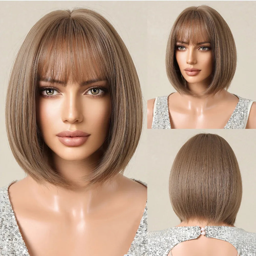 ALAN EATON Layered Synthetic Wigs with Bangs Straight Short Highlights Blonde Hair Wig with for Women Natural Daily Cosplay Wigs