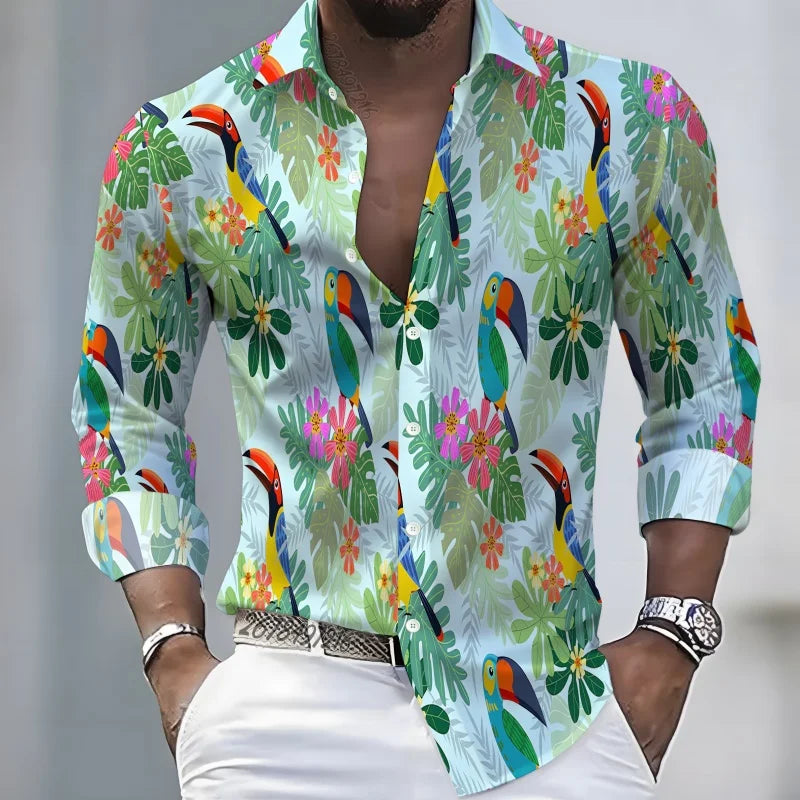 2026 New Hawaiian Style Coconut Tree Print Long-Sleeve Shirt, Stylish Print Men's Casual Vacation Loose Collar Hawaiian Shirt