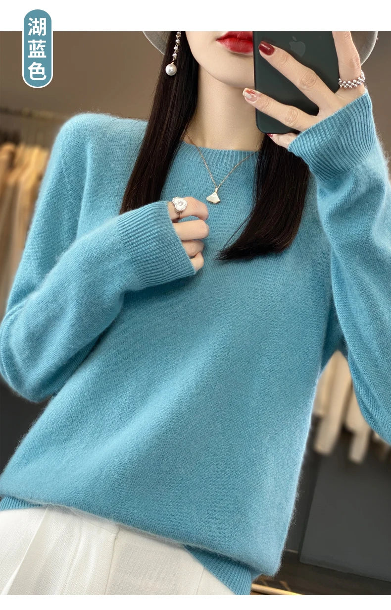 100% Merino Wool Sweater Women O-neck Cashmere Knitwear Female Pullover Autumn Winter Casual Tops Solid Color Soft  Clothing